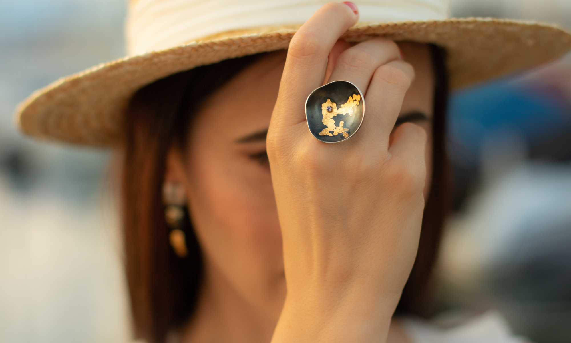 sterling silver ring with gold leaf 24k