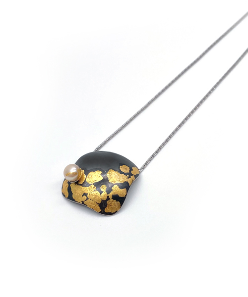 Oxidized sterling silver necklace with pearl and gold